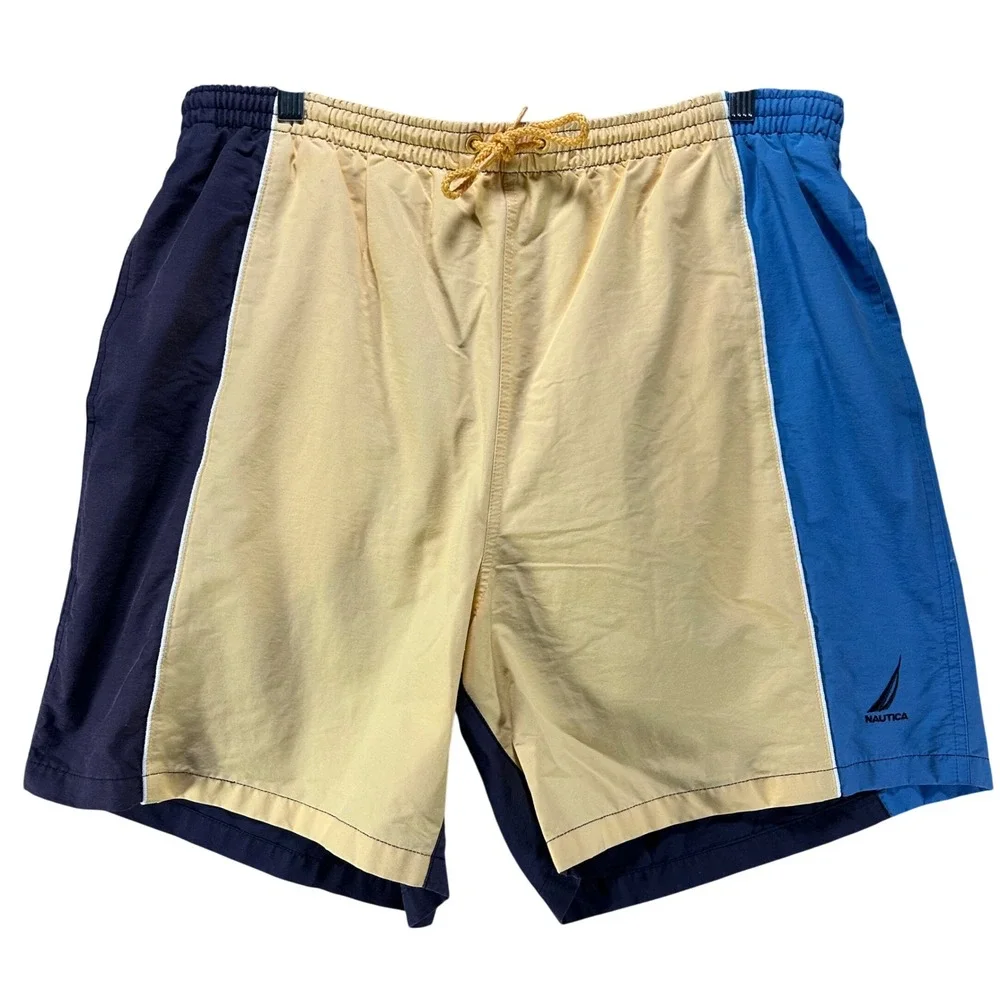 Nautica Swim Trunks Colorblock Mens L Yellow Blue Blend Vintage 90s Surf